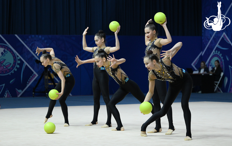 Team Kazakhstan during an exercise with balls