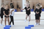 Young gymnasts during training