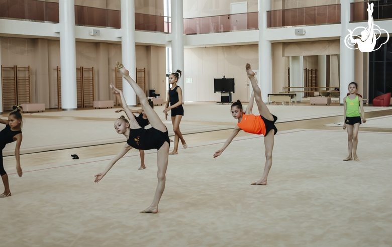 Young gymnasts work on lateral balance during training