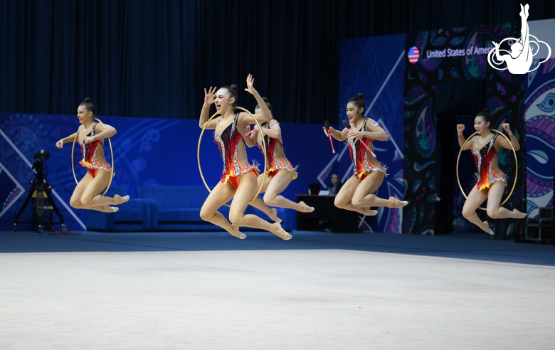 Team USA during an exercise with hoops and clubs