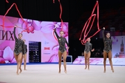 Group team gymnasts from St. Petersburg during their ribbon routine