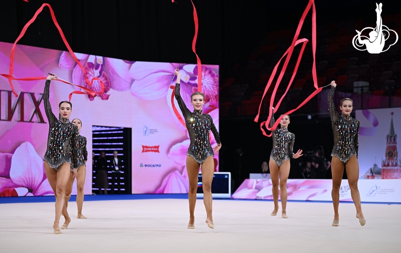 Group team gymnasts from St. Petersburg during their ribbon routine