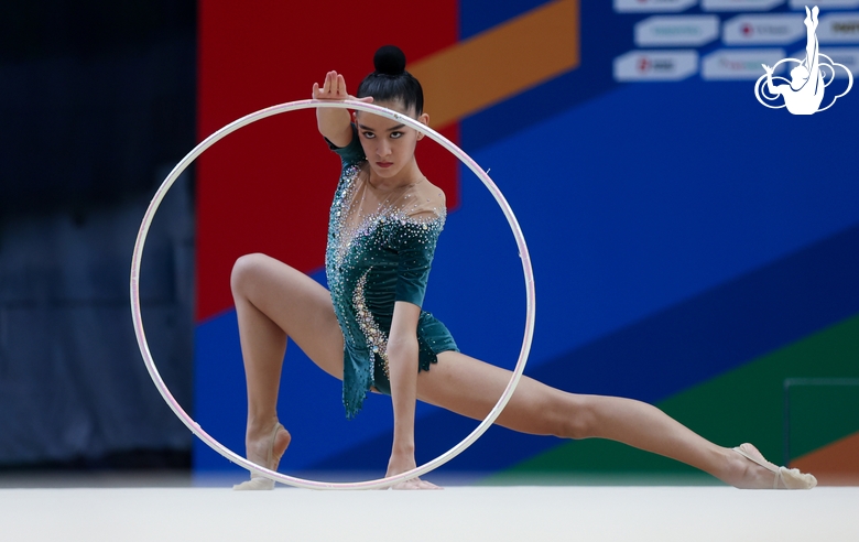 A gymnast during the hoop exercise