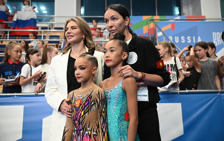 20 June 2024. Olympic champion Alina Kabaeva, Ksenia Savinova and Asel Arapova with Coach Natalia Belugina at BRICS Games