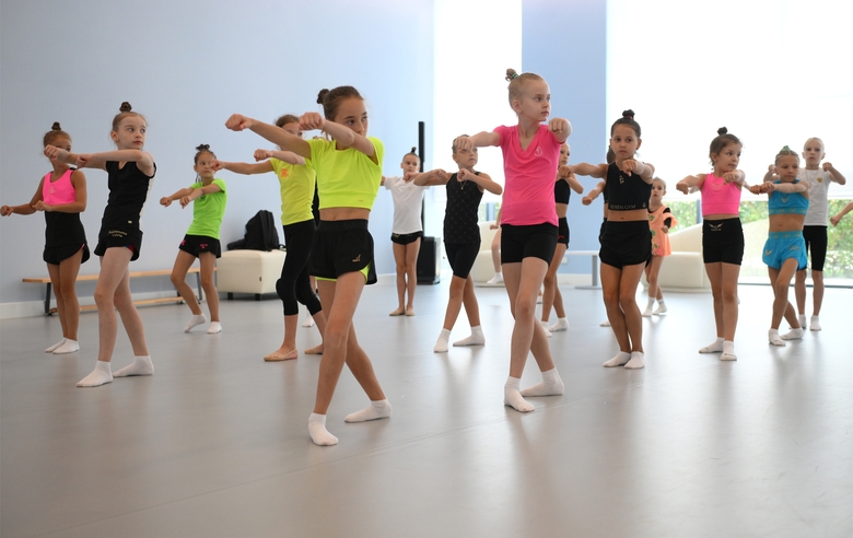 Gymnasts during a dance class at the training camp in the Academy