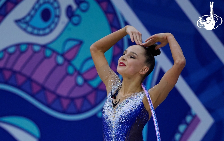 Mariia Borisova after an exercise with hoop