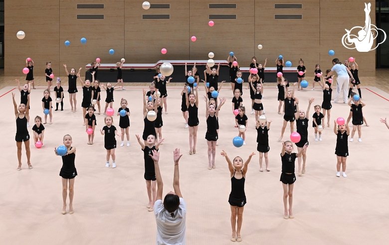 Young gymnasts during rehearsal of the competition opening