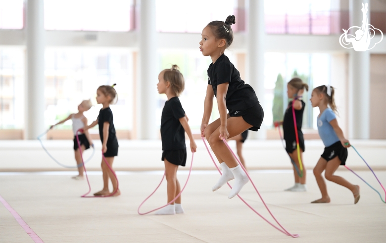 Young gymnasts during training
