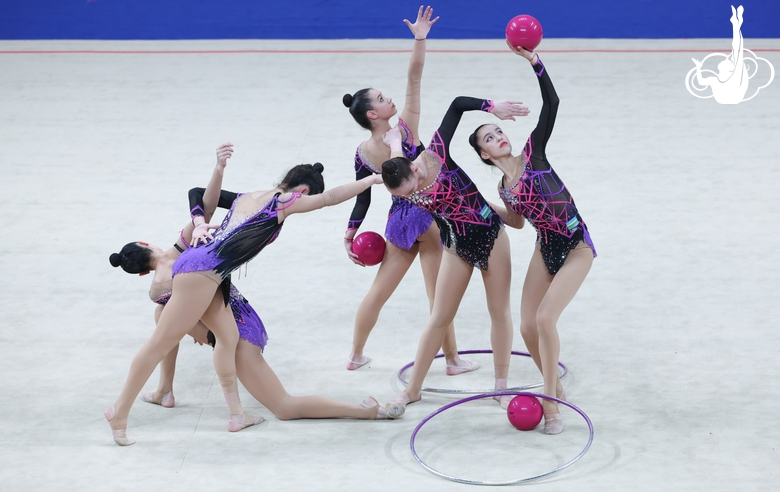 Team of Hungary during the exercise with balls and hoops