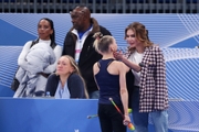 Olympic champion Alina Kabaeva during podium training with Eva Kononova at the international tournament