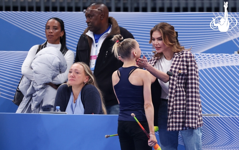 Olympic champion Alina Kabaeva during podium training with Eva Kononova at the international tournament