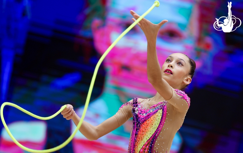 Gymnast during an exercise with a jump rope