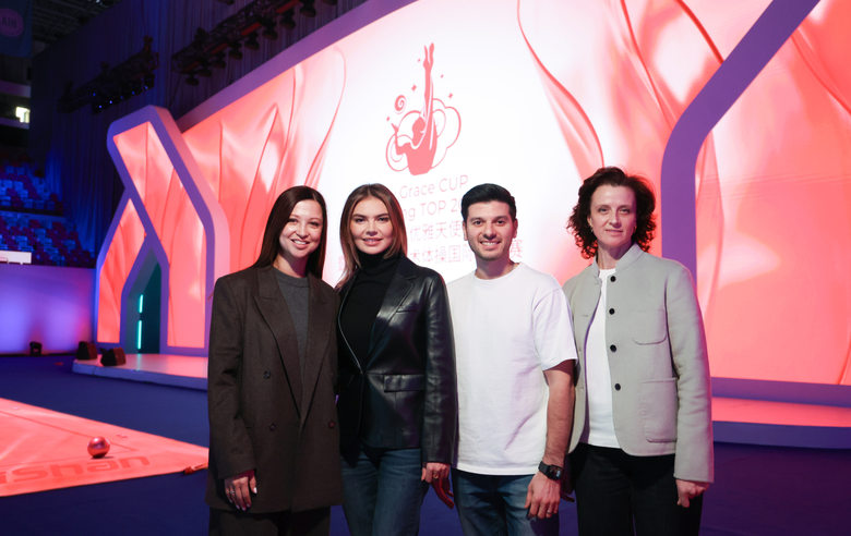 November 11, 2025. Silver medalist of the Olympics Yana Batyrshina, Olympic champion Alina Kabaeva, two-time European champion in artistic gymnastics Emin Garibov and Honored Coach of Russia Marina Govorova at the competitions in Beijing