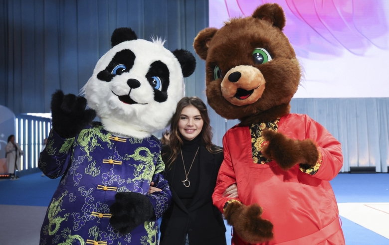 December 14, 2023 Olympic champion Alina Kabaeva with the mascots of the international Sky Grace-2023 tournament