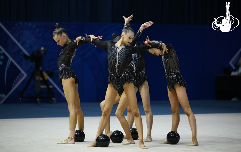 Group gymnasts during an exercise with balls