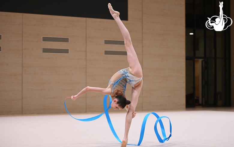 Anna Vakulenko during an exercise with a ribbon at a control training session