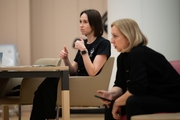 Coaches Olga Minigalina and Natalia Shmakova during Arina Tkachuk's training session