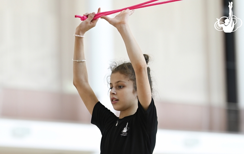 Karolina Tarasova during an exercise with a rope at a training session