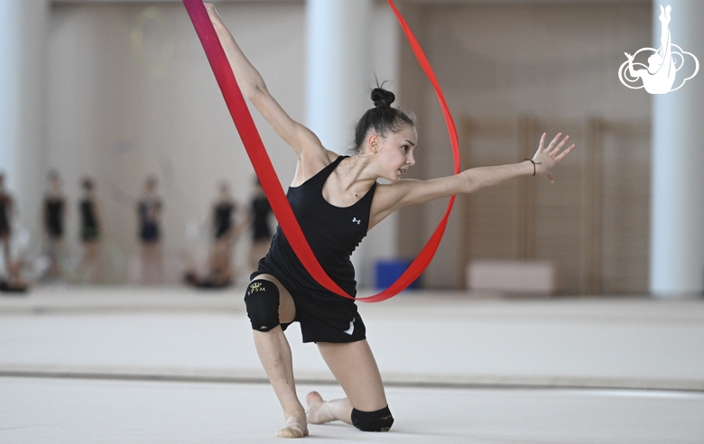 Mariia Borisova during an exercise with a ribbon during preparation training for the BRICS Games