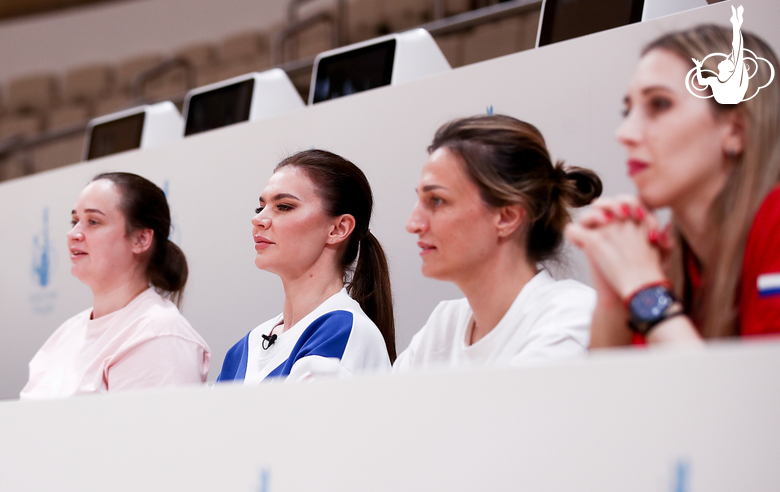 Marina Shpekht, Alina Kabaeva, Irina Dziuba and Olga Frolova evaluate the performance of gymnasts at an assessment training session