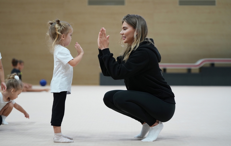 September 6, 2024. Olympic champion Alina Kabaeva with a young gymnast during the selection process