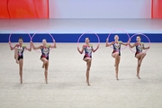 Group exercise gymnasts during the hoops exercise