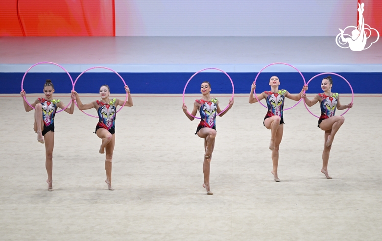 Group exercise gymnasts during the hoops exercise