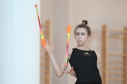 Viktoria Bespalovaduring an exercise with clubs during preparation training for the BRICS Games