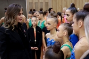 Olympic champion Alina Kabaeva with gymnasts at the Sky Grace Grand Prix tournament