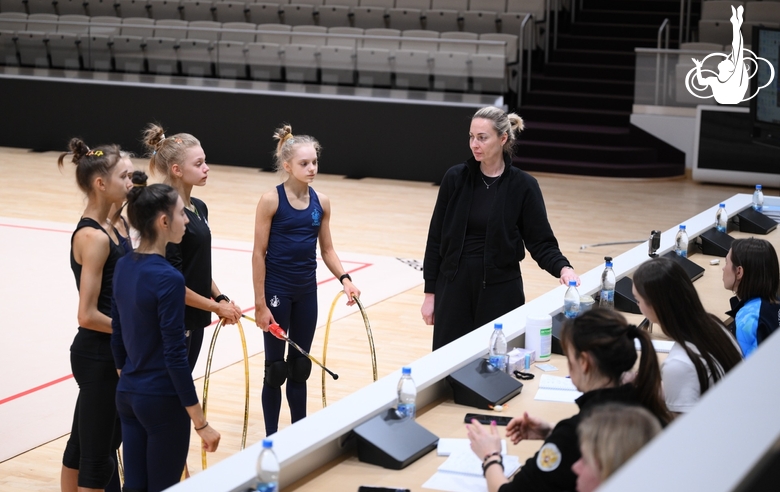 Academy group gymnasts and coach Anna Ustsova during a control training session before the Russian Championship