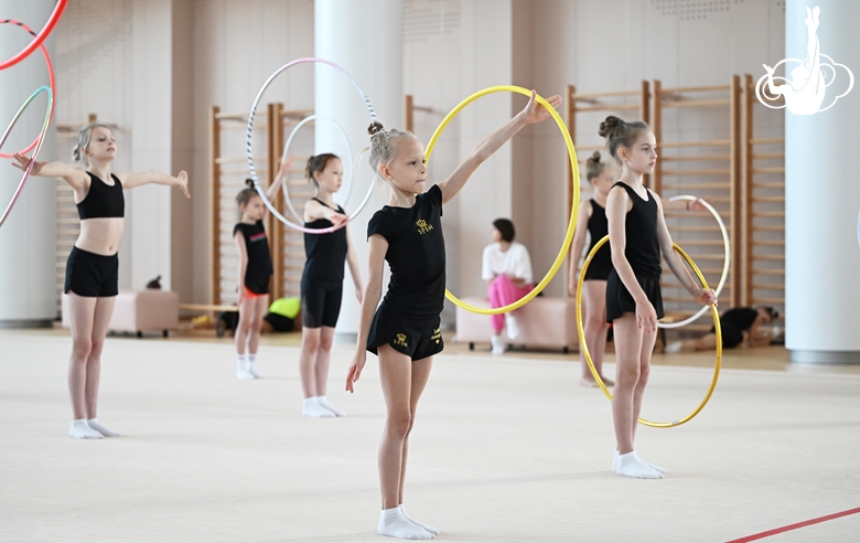 Gymnasts during the training session