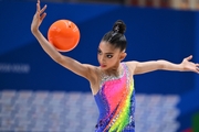 Lamia Tariq Malallah during an exercise with a ball