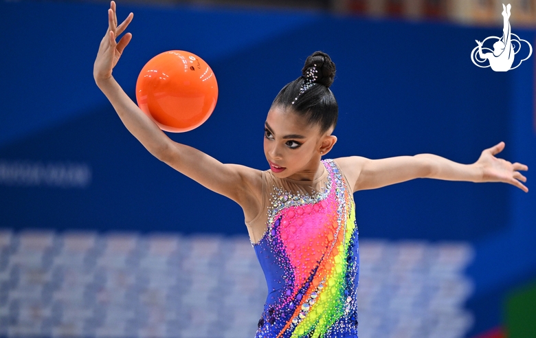 Lamia Tariq Malallah during an exercise with a ball