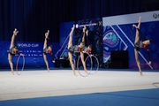 Group gymnasts during an exercise with balls