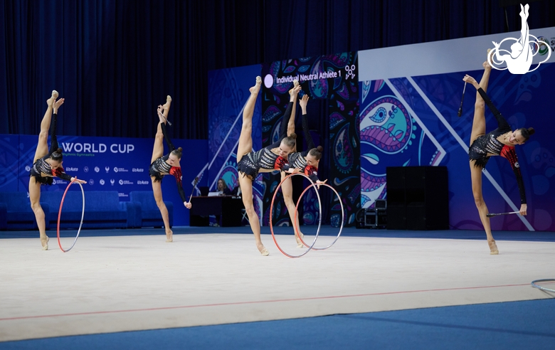 Group gymnasts during an exercise with balls