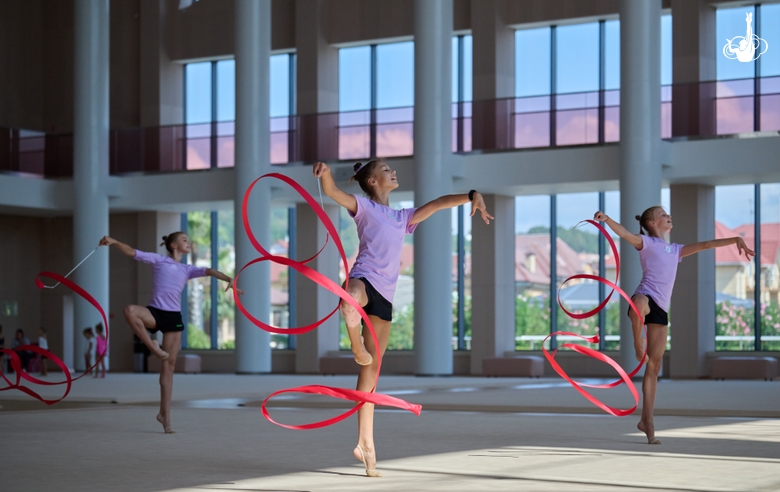 Group team gymnasts during a class with the honored coach of Russia Veronika Shatkova