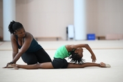 Gymnast from the Republic of Congo Nkenko Sita Davina Chanselvi together with coach Dominique Adama when stretching