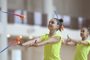 Gymnasts from Belgorod during an exercise with clubs