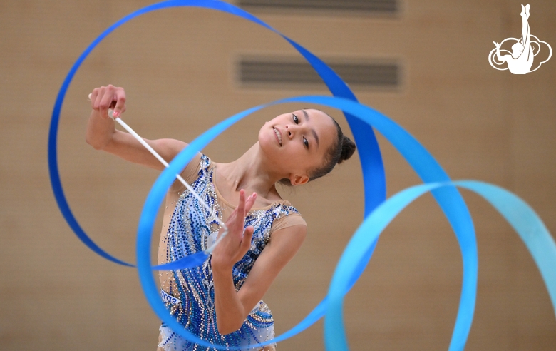 Valeria Medvedeva during an exercise with a ribbon at a control training session