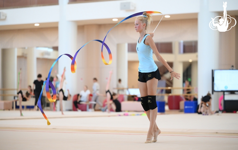 Gymnast from the Khanty-Mansiysk Autonomous Okrug during an exercise with a ribbon