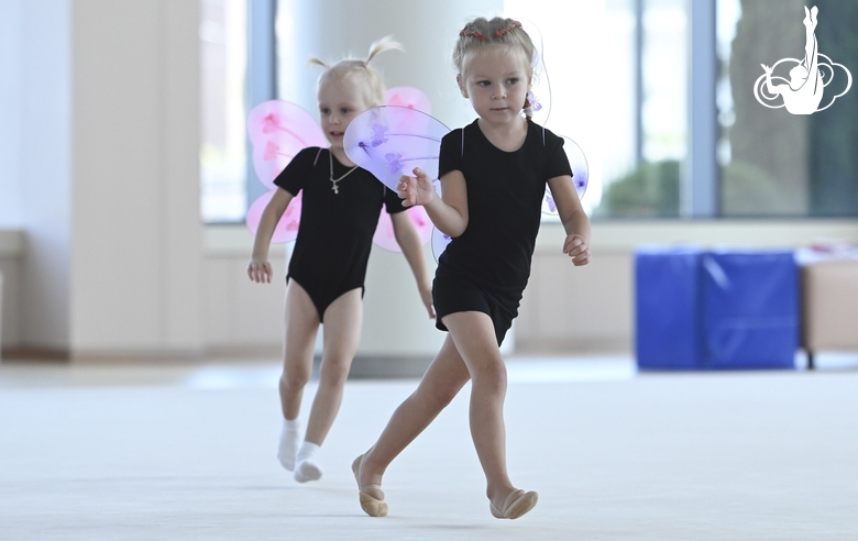 Young gymnasts during training