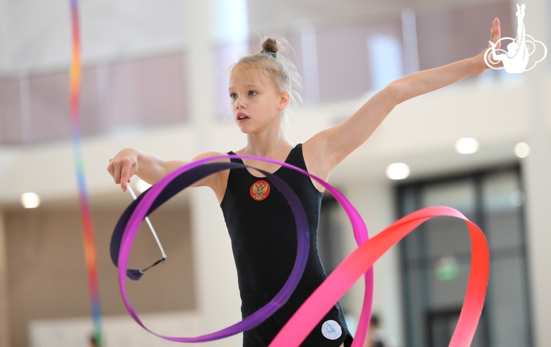 Kristina Voitenko during an exercise with a ribbon