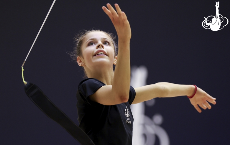 Karolina Tarasova during an exercise with a ribbon at floor testing