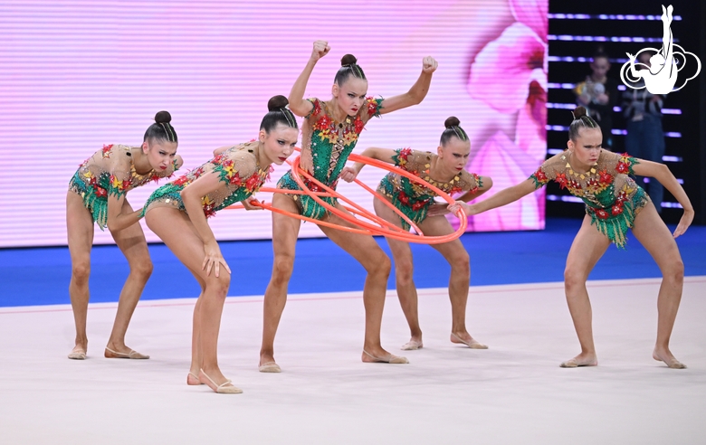 Group team gymnasts from St. Petersburg during the hoops routine