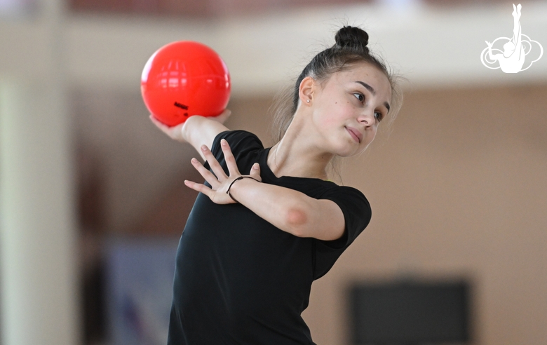 Mariia Borisova during an exercise with a ball during preparation training for the BRICS Games