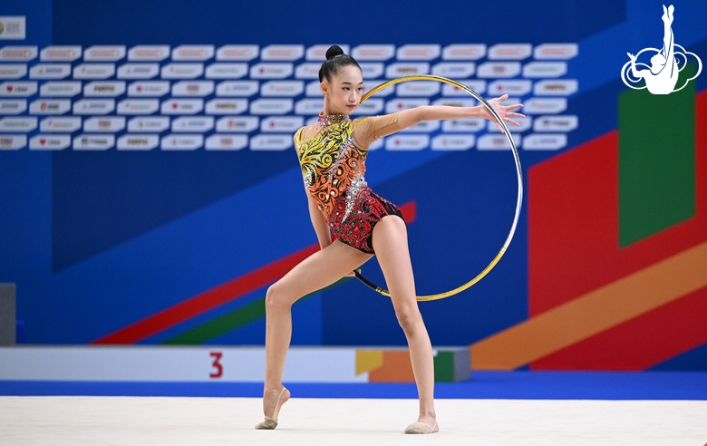 Gymnast during an exercise with a hoop