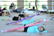 Gymnasts from the Amur Tiger society during an exercise with hoops