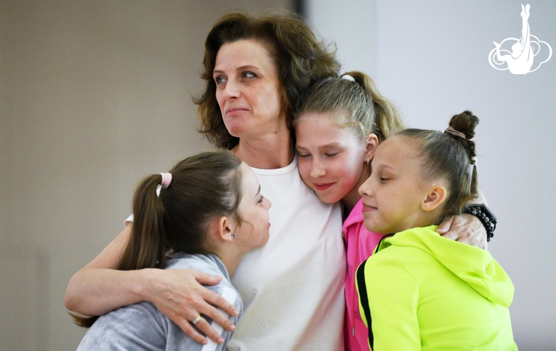 Senior coach of the Russian national team Marina Govorova and gymnasts Sofia Ilteryakova, Eva Chevtaeva and Alisa Stamat during the recovery camp at the Academy
