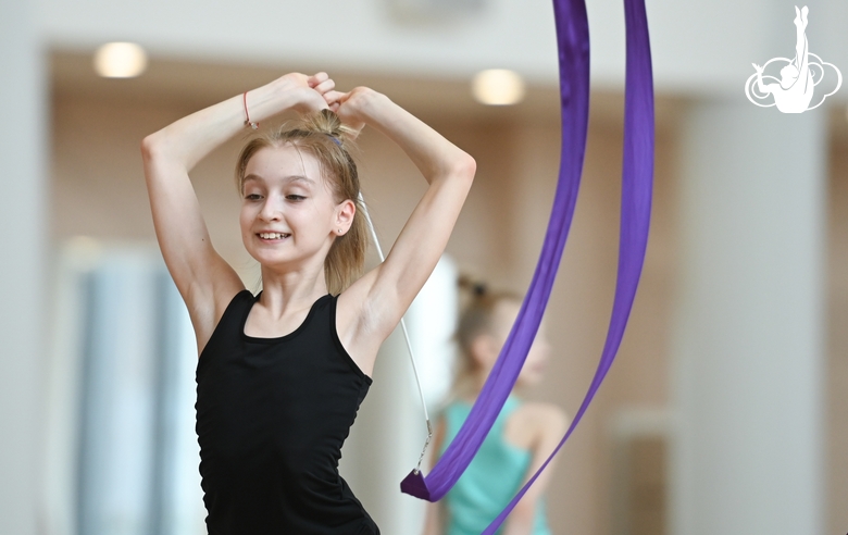 Gymnast during an exercise with a ribbon