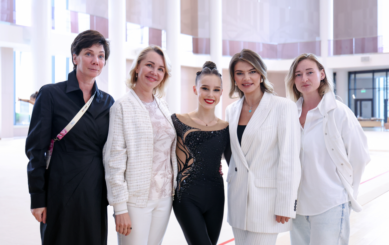 June 19, 2025. Choreographer of the Alina festival choreographer Irina Zenovka, coach Irina Gusarova, Academy gymnast Mariia Borisova, Olympic champion Alina Kabaeva and choreographer Elena Egorova at the stage of the Cup of the Strongest at the Academy